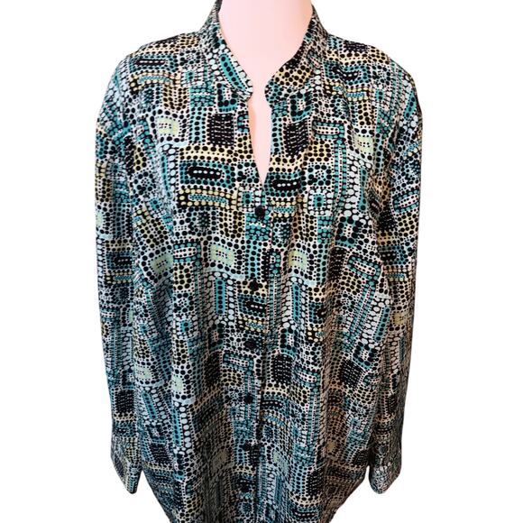 VINTAGE MAGGIE BARNES Blouse Top Long Size 3X No Wrinkle‎ Satin Poly Geometric - Picture 9 of 9
